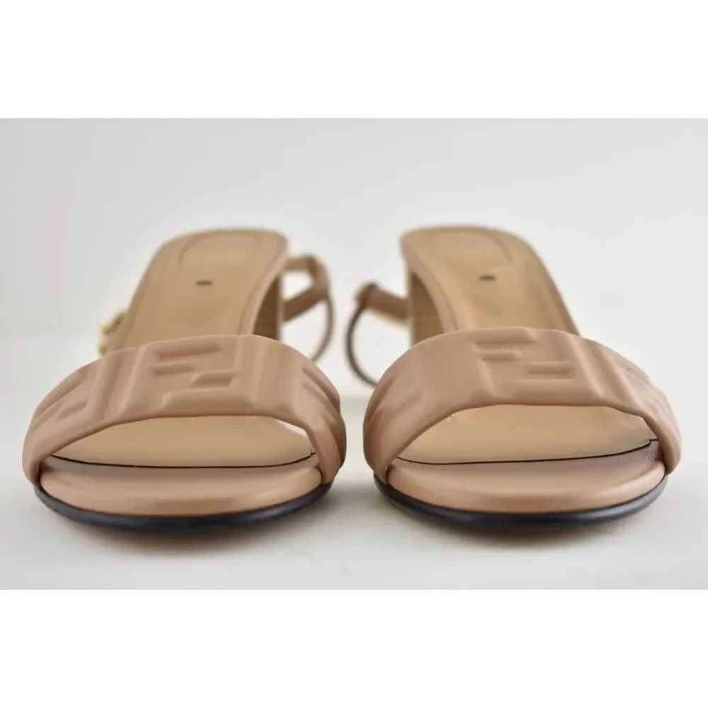 Fendi Delfina Sandal 65mm Dark Honey Beige Leather FF Logo Ankle Strap Heel 37.5
